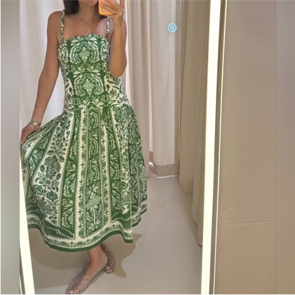 FARM Rio Green Delicate Tapestry Premium Linen Midi Dress